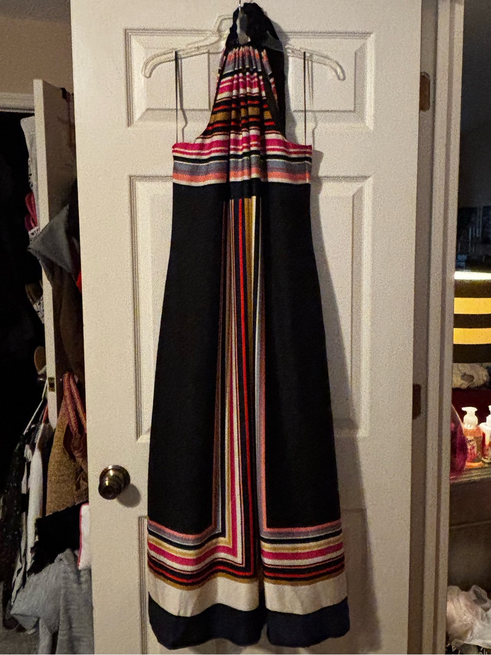 Trina Turk Black Halter Maxi Dress with Multicolor Stripe Trim
